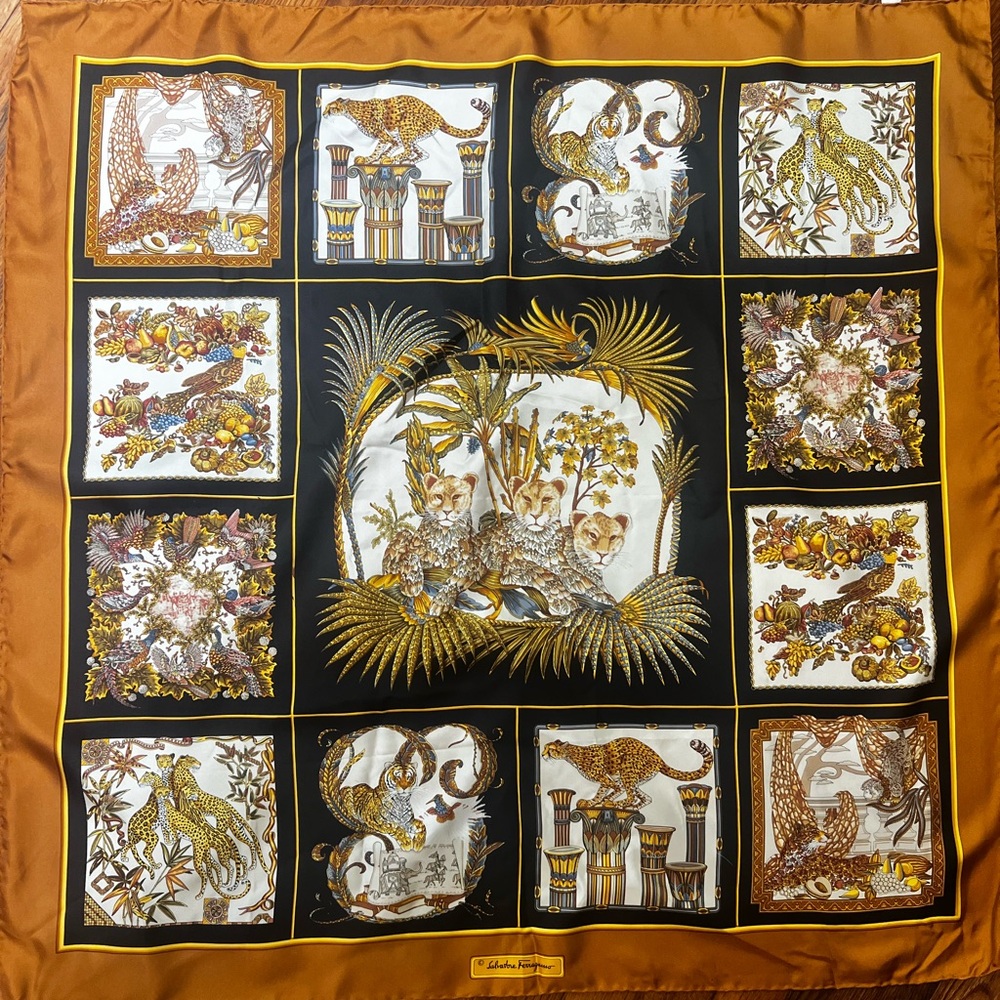Genuine Salvatore Ferragamo vintage cat silk scarf